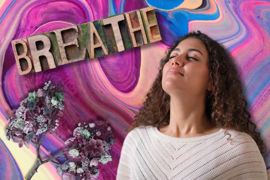 woman on psilocybin taking deep breaths to combat yawning 