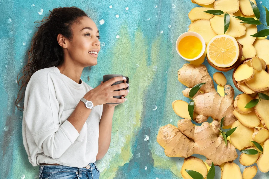 woman drinking psilocybin and ginger infused tea to reduce the nausea 