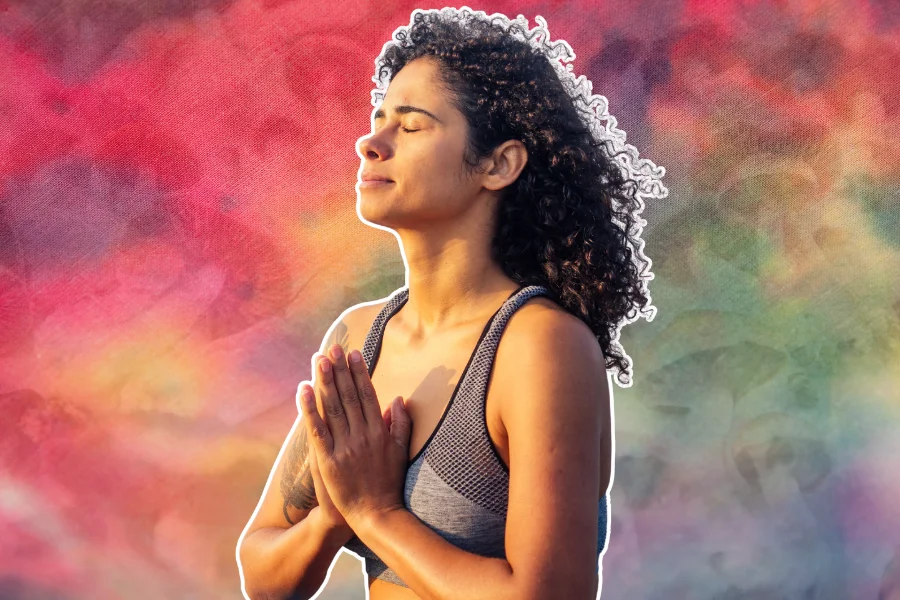 A woman practicing breathwork techniques when microdosing