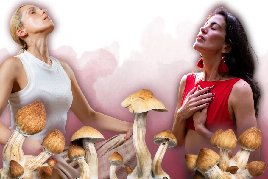 two women experiencing the effects of magic mushrooms with shrooms in front of them