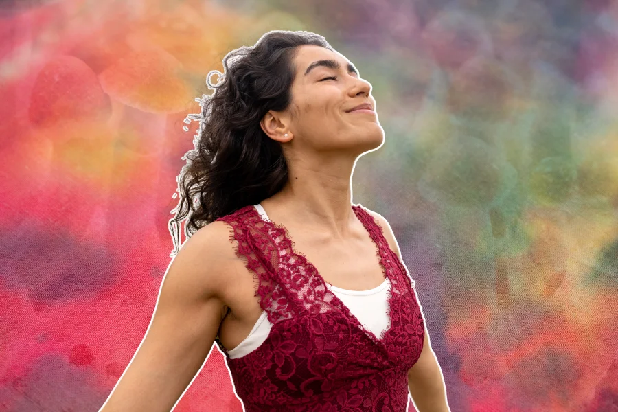 woman practicing breathwork while microdosing on a psychedelic background