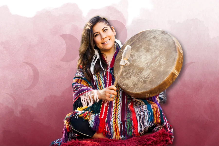 Indigenous woman playing drums on aquarelle background 