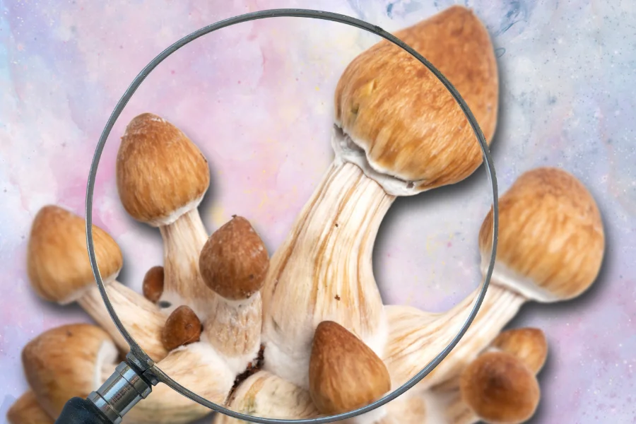 magnifying glass over magic mushrooms depicting the benefits of macrodosing