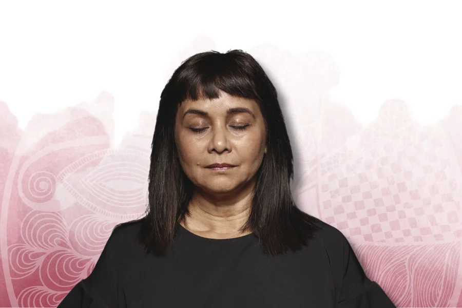 a woman experiencing closed eye visuals on aquarelle background