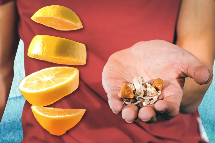 a person holding magic mushrooms with lemon in the air 
 depicting lemon tekking