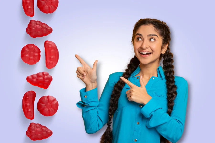 a person pointing at microdosing mushroom gummies