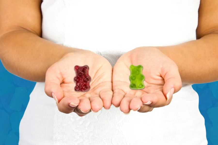 a woman holding psilocybin and thc gummies in each hand