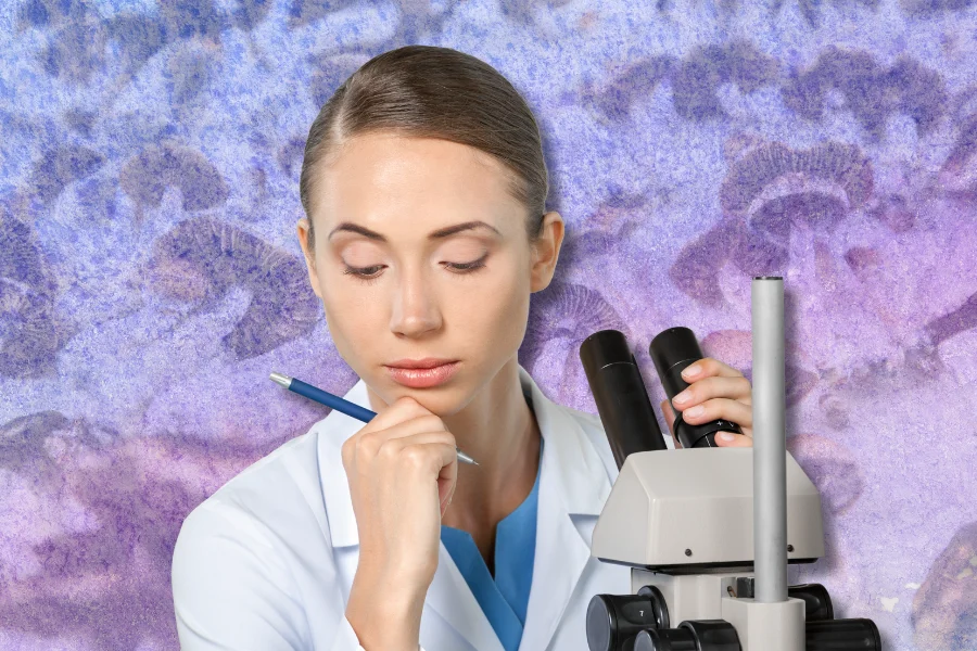 a scientist examining the effects of psilocybin with mushrooms and gradient in the background