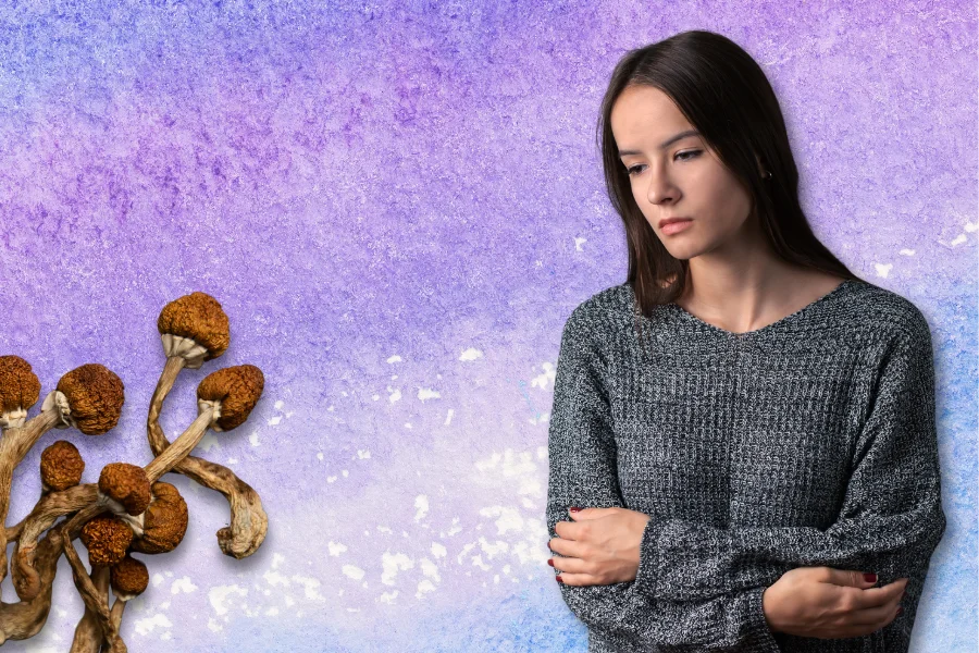 mushrooms containing psilocybin and anxiety affected woman on gradient background