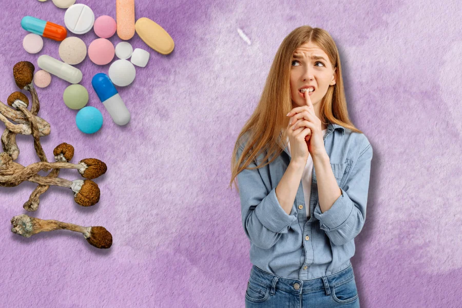 a woman looking at psilocybin and drugs that may interact with it