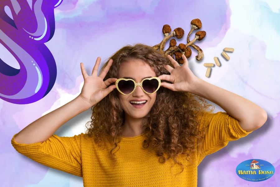 woman with glasses behind her are microdosing capsules and magic mushrooms