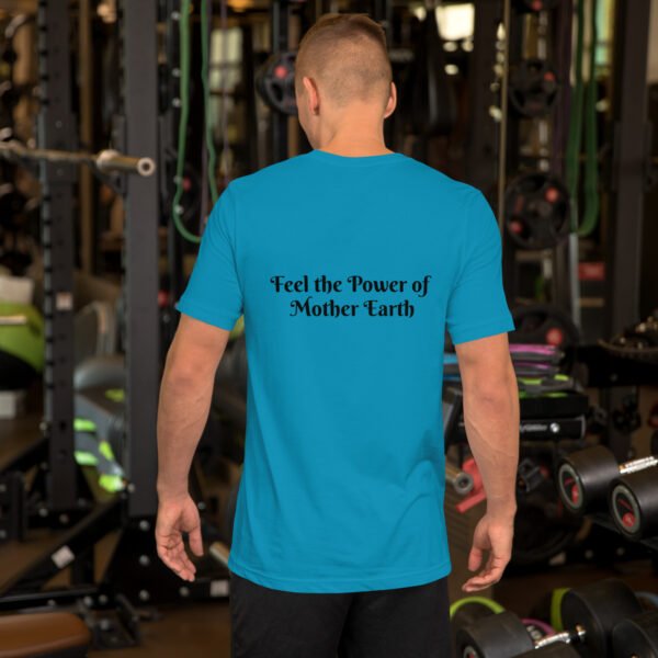 back view of a person wearing a blue mother earth t shirt