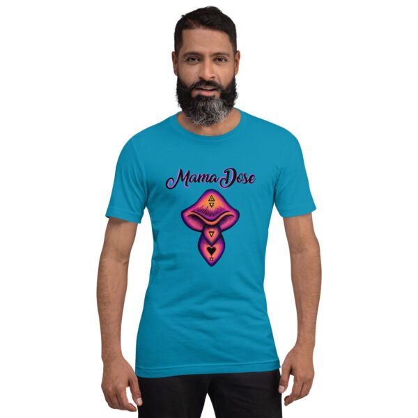 a person wearing a mama dose mushroom t shirt