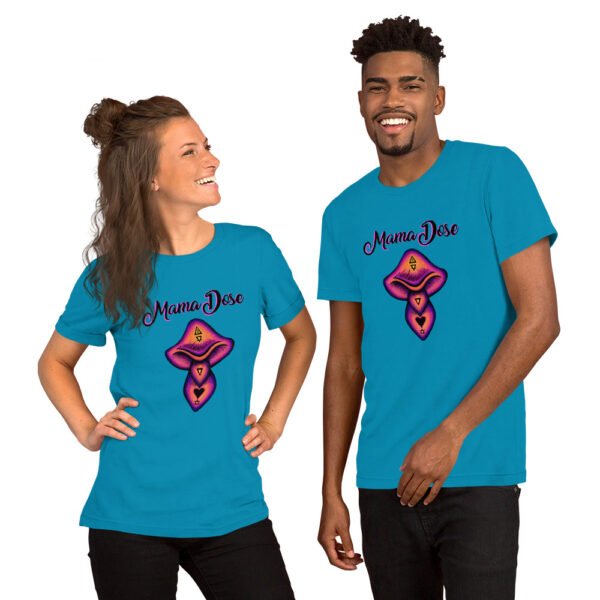 two people wearing blue mama dose mushroom t shirts