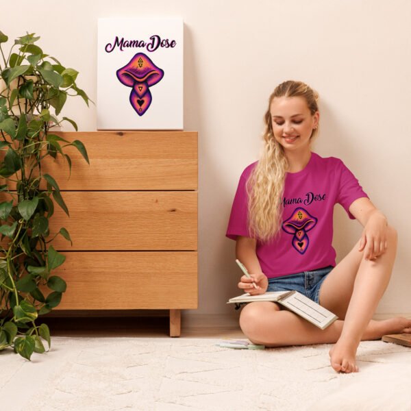 a girl wearing mama dose berry psychedelic mushroom t shirt