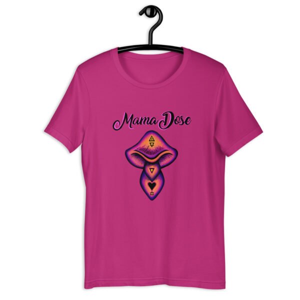 mama dose shroom t shirt berry color on a hanger