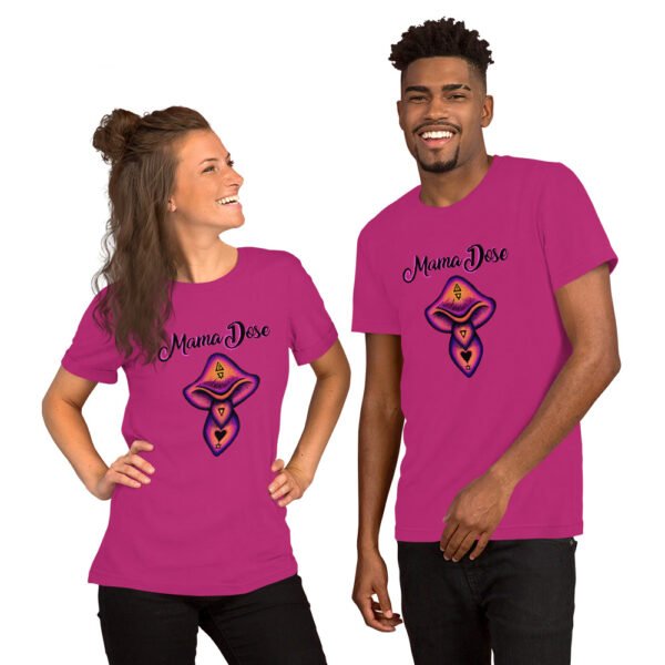 two people wearing berry colored mama dose mushroom t shirts