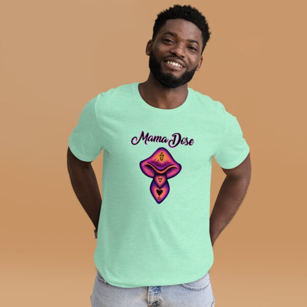 a man wearing mint green psychedelic mushroom t shirt with mama dose logo