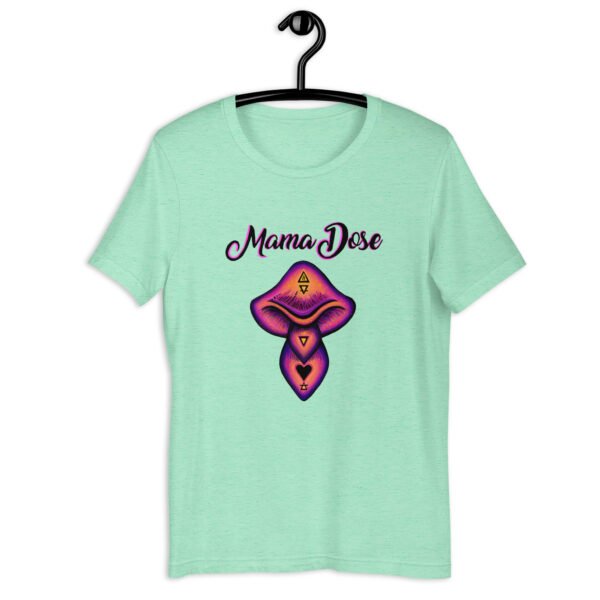 mint green mama dose mushroom t-shirt on a hanger