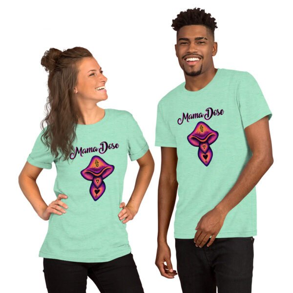 two people wearing green mama dose mushroom t shirts