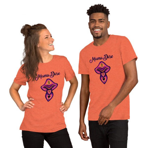 two people wearing orange mama dose shroom t shirts