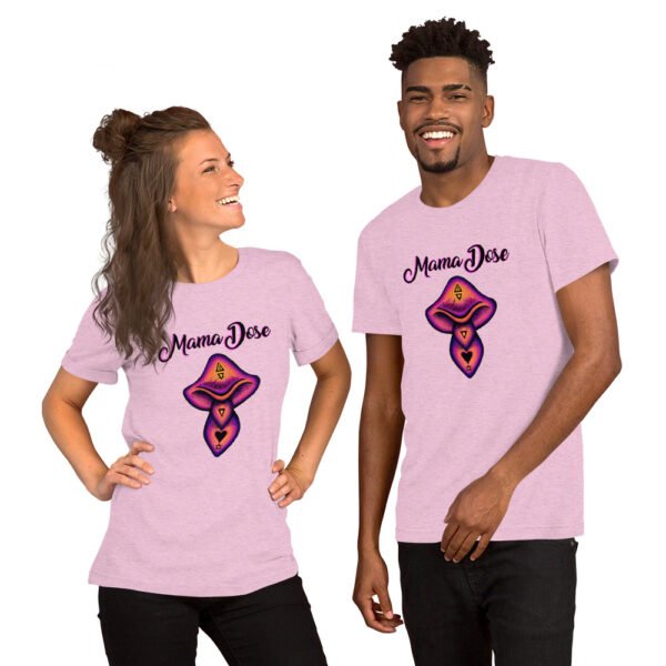 two people wearing pink mama dose mushroom t shirts