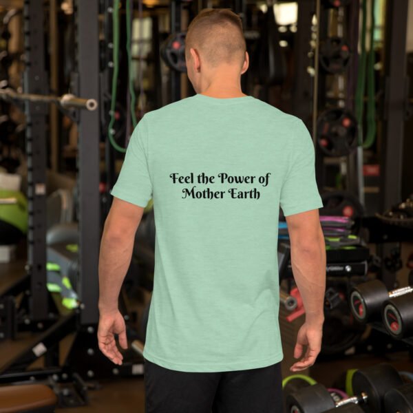 back view of a person wearing a mint green mother earth t shirt