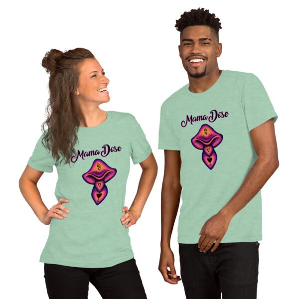 two people wearing mint green mama dose mushroom t shirts