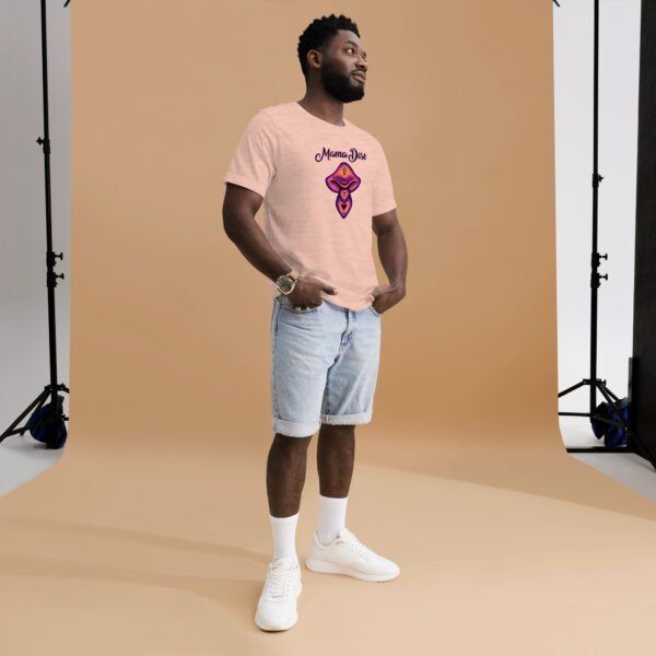 a male model wearing mama dose peach mushroom t shirt shorts and white shoes