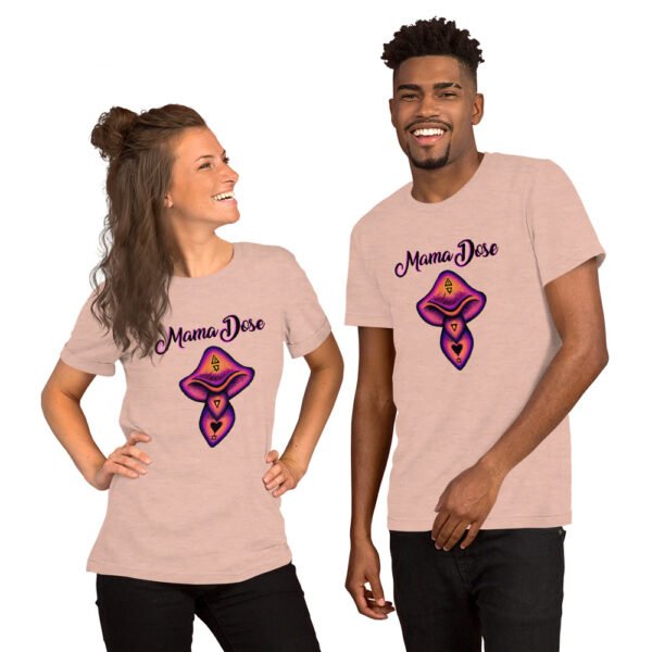 two people wearing peach mama dose psychedelic mushroom t shirts