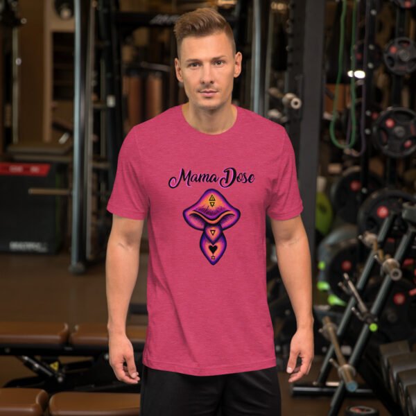 a person in the gym wearing a purple mama dose mushroom t shirt