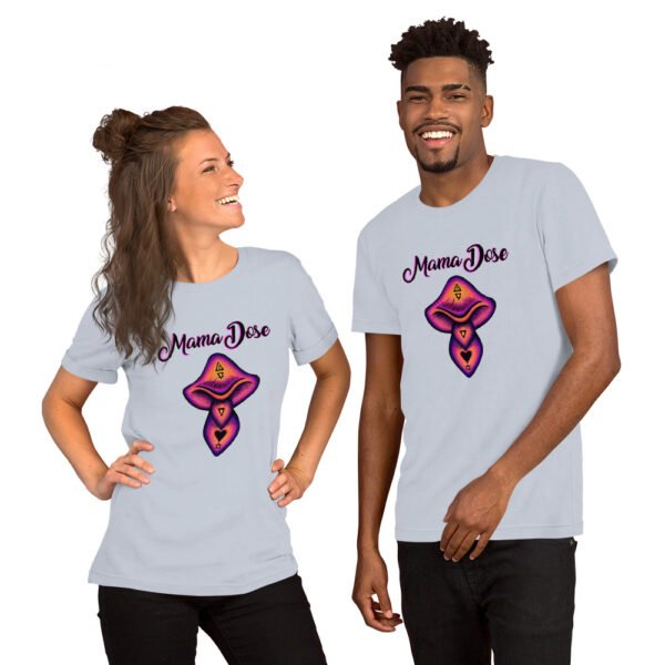 two people wearing light blue mama dose mushroom t shirts