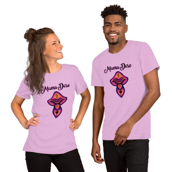 two people wearing pink mama dose mushroom t shirts