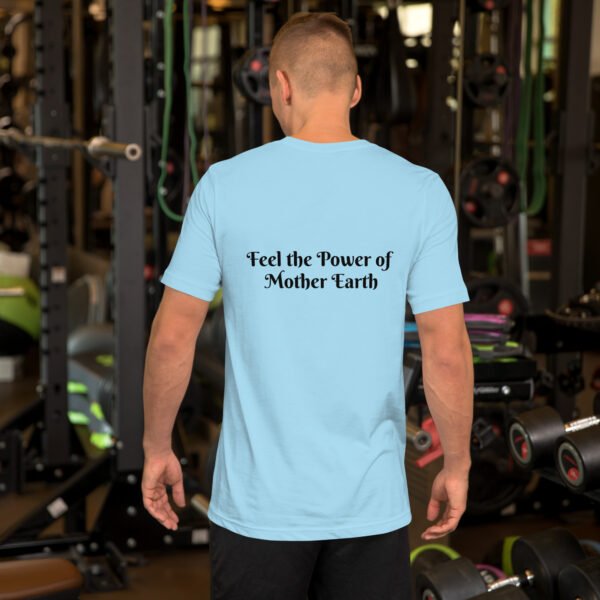 back view of a person wearing a blue mother earth t shirt