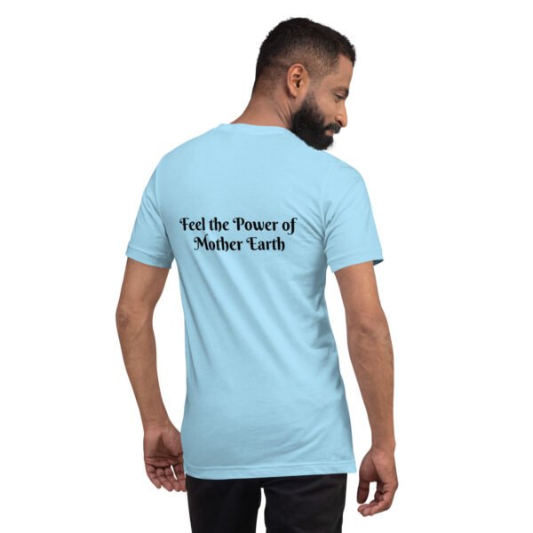 back view of a person wearing a ocean blue mother earth t shirt