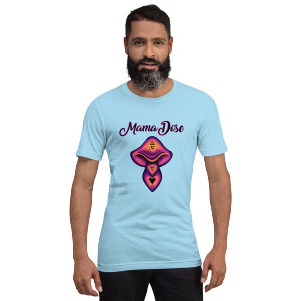 a person wearing mama dose ocean blue psychedelic shroom t-hirt