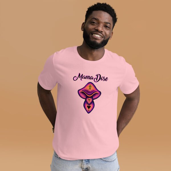 a person wearing mama dose pink psychedelic mushroom t shirt