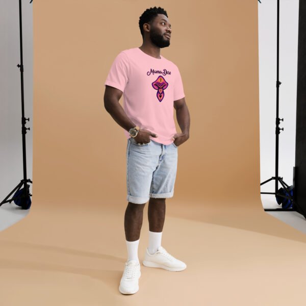 a male model wearing mama dose pink mushroom t shirt shorts and white shoes