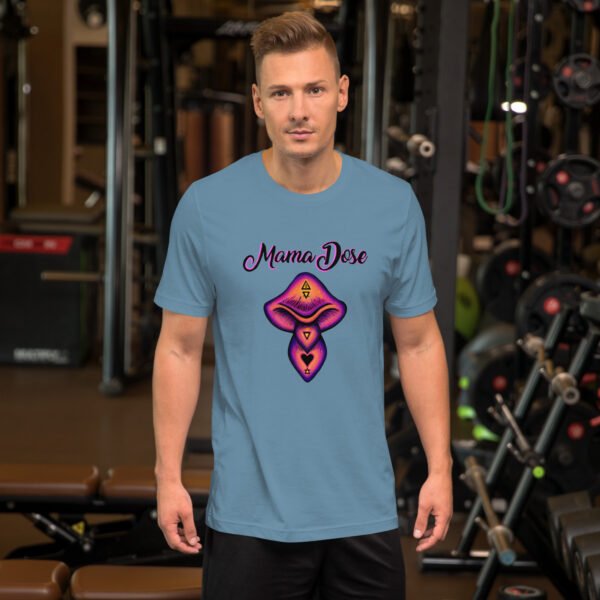 a person in the gym wearing a steel blue mama dose mushroom t shirt