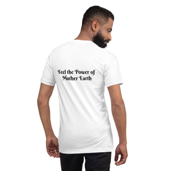 back view of a person wearing a white mother earth t shirt