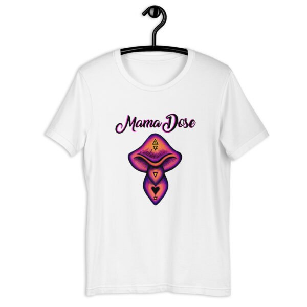 white mama dose shroom t shirt on a hanger