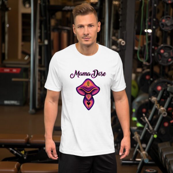 a person in a gym wearing mama dose mushroom t-shirt