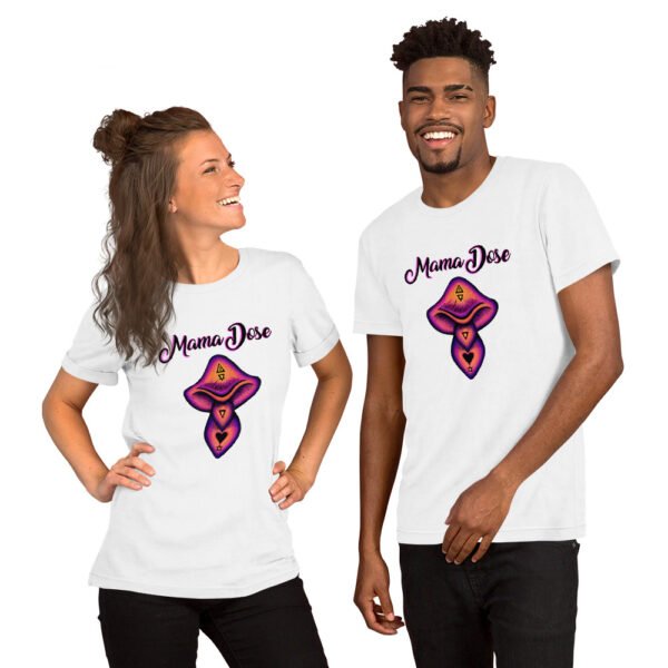 two people wearing white mama dose mushroom t shirts