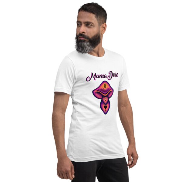 a model posing in white mama dose shroom t shirt