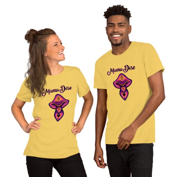 two people wearing yellow mama dose shroom t shirts